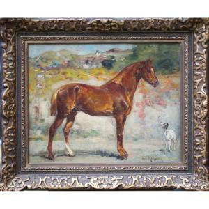 Henri Emilien Rousseau 1875-1933, Portrait Of A Chestnut Horse And Dog.