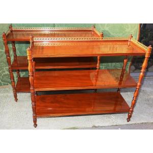 Pair Of Three-tiered Mahogany Console Tables From The Charles X Period