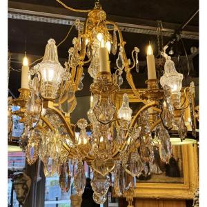Louis XV Style Cage Chandelier In Gilt Bronze And Crystal Pendants, 6 Lights.