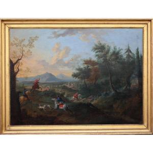 Jacques Bertaux 1745-1818, Hunting Scene, Pair Of Oils On Canvas.