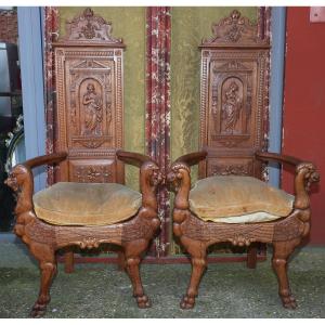 Pair Of Renaissance-style Armchairs In Carved Oak, Late 19th Century