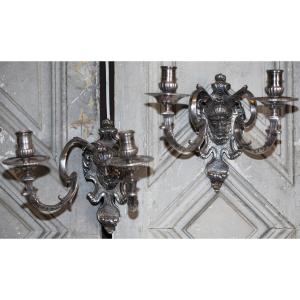 Pair Of Regency-style Silver-plated Bronze Sconces From The 19th Century, Featuring A Bearded Man Mask.