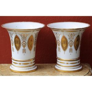 Paris, Early 19th Century, Pair Of Porcelain Vases Decorated In Gold On A White Background.
