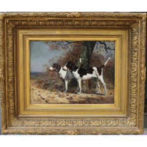 Adolphe Binet 1854-1897, Two Tied Hunting Dogs, Oil On Panel.