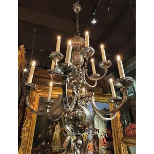 Neo-gothic Style Chandelier12 Lights On 2 Levels In Nickel-plated Patinated Bronze, Early 20th Century