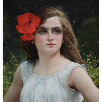 Eugène Buland 1852-1927 "young Girl With Poppy"