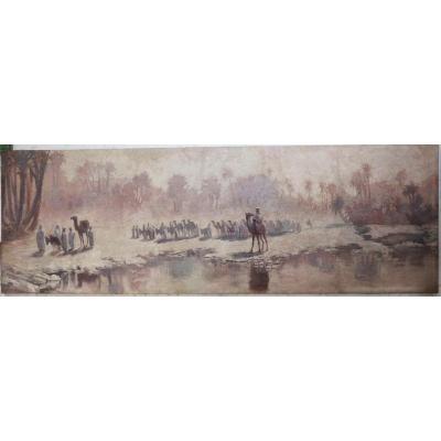 Orientalist School Early XXth, The Caravan, Very Important Panoramic Painting.