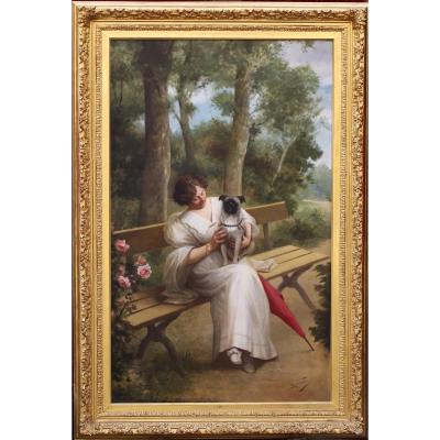 XIXth Century Italian School, Young Woman In Pug.