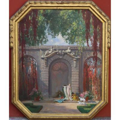 François Maurice Roganeau 1883-1973, Woman Bathing And Greyhounds In A Garden.