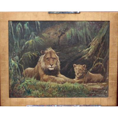 French School Early XXth, Lion And Lioness.