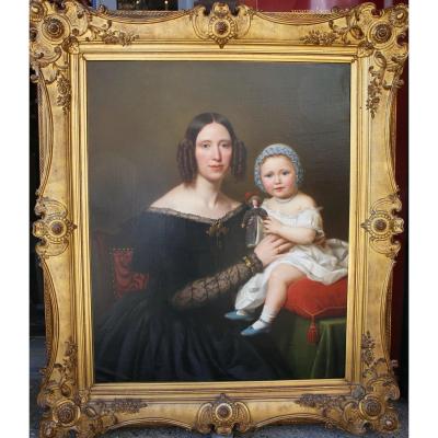 Basile De Loose 1809-1885 Portrait Of Young Woman And Her Daughter In 1845