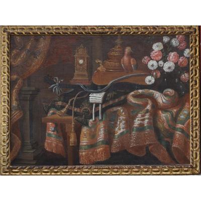 French School End Of The 17th Century, Still Life Guitar And Parrot Pendulum.