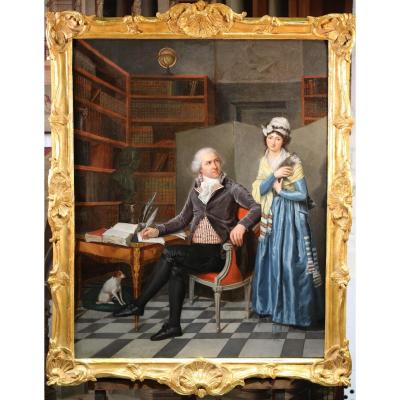 Henri Nicolas Van Gorp 1756-1819 Attributed To, Portrait Of A Couple In A Cabinet.