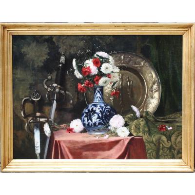 Louis-maurice Boutet De Monvel 1850-1913 Still Life Flowers Swords Copper.