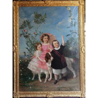 Eugène Faure 1822-1879 The Three Sisters And Their Dog, Large Canvas.