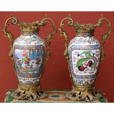 Pair Of Canton Vases, Gilt Bronze Frame Nineteenth Time
