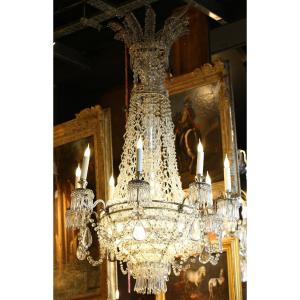Chandelier Basket With 8 Arms Of Light In Silvered Bronze And Crystals, Nineteenth Century