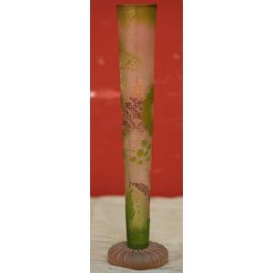 Emile Gallé 1846-1904, Soliflore Vase In Multilayer Glass And Enamel Highlights