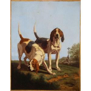 French School Of The 19th Century, Portrait Of Two Hunting Dogs.