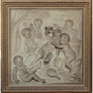 Dirk Van Der Aa 1731-1809, Putti With Bunches Of Grapes, Oil On Canvas, Grisaille