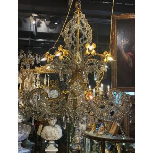 Gilt Bronze Chandelier With Fins, Pendants And Pearls Circa 1900