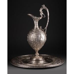 19th Century Silver Metal Jug And Dish