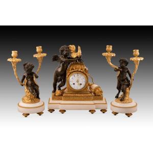 Garniture, Table Clock And Candlesticks. Bronze, Marble. After Clodion. France, 19th Century