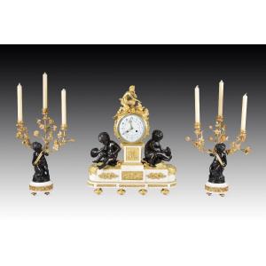 Garniture. Blued And Gilded Bronze, Marble. Raingo Frères, Aaria, Clodion. Paris, France, 19thc