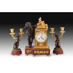 Garniture. Bronze, Red Griotte Marble. France, 19th Century, After Clodion's Models.