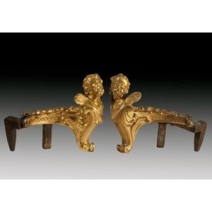 Pair Of Gilt Bronze And Iron Andirons. France, 19th Century.