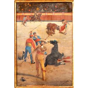 Bullfighting Scene Oil On Panel, Early 20th Century. 