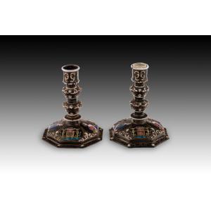 Pair Of Candlesticks. Metal, Enamel. Limoges, France, 19th Century.