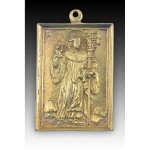 Devotional Plaque, Saint Bishop. Bronze. Spanish School, 19th Century. 