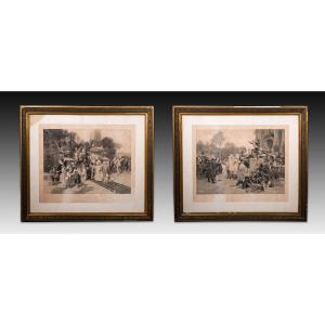 Pair Of Framed Engravings, Marriage And Baptism. Alphonse Lamotte (1844-1914).