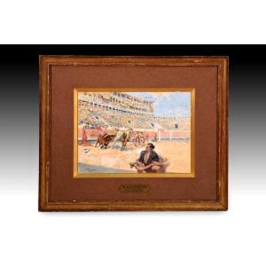 “mala Faena” (bad Bullfighting Show). Watercolor. Signed. Llaneces, José De San Bartolomé