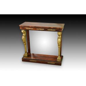 English Regency Style Console. Rosewood, Giltwood, Bronze, Mirror. 19th Century