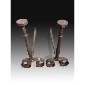 Pair Of Iron Fireplace Andirons. 19th Century.