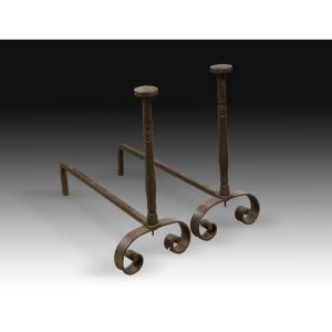 Pair Of Andirons. Wrought Iron. 18th Century.
