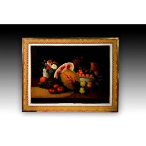 Still Life With Fruit. Oil On Canvas. Spanish School, 19th Century.