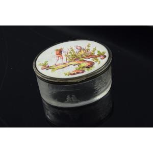 Enameled Porcelain And Engraved Glass Box. 19th Century.