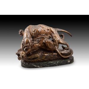 Handle. Blued Bronze, Marble. France, Late 19th Century.