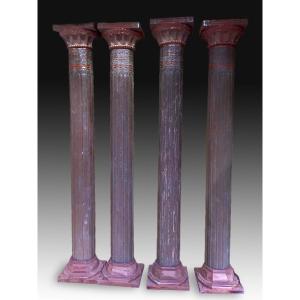 Set Of Four Oriental Columns With Modern Bases. Carved Wood. 20th Century.
