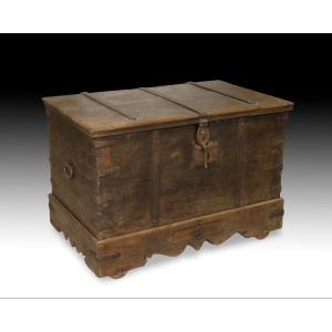Rustic Chest. Carved Wood, Wrought Iron. 18th Century.