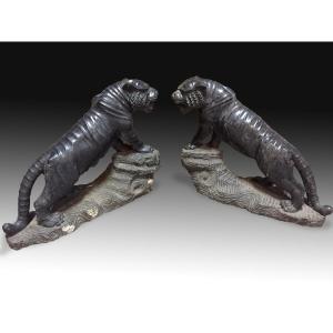 Pair Of Marble Sculptures. "tiger". Inspired By Oriental Models.