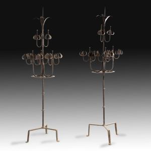 Pair Of Neo-gothic Style Floor Candelabras. Wrought Iron. Spain, 20th Century. 