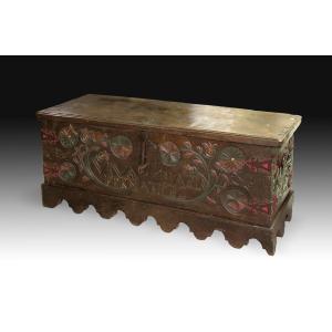 Chest. Carved Wood, Metal, Textile, Remains Of Polychromy. Salamanca Region, 17th Century