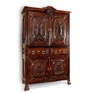 Wardrobe From The First Half Of The 18th Century. Oak And Walnut Wood.