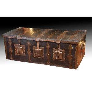 Chest With Three Locks. Wood, Leather, Wrought Iron. Circa 1600.