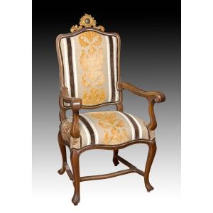 Carved, Gilded, And Colored Walnut Armchair. 18th Century, With Current Upholstery.