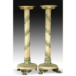 Pair Of Pedestals. Carved And Polychrome Wood. 19th And 20th Centuries.